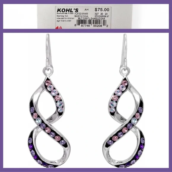 Confetti Fine Silver Plated Genuine Crystal Dangle Earrings NWT $75 Kohl's - Picture 4 of 6